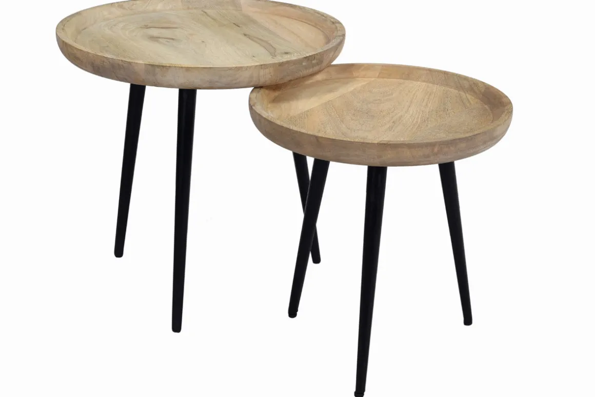 Miliboo Table Basse-Tables basses gigognes rondes bois manguier massif et métal noir (lot de 2) PYTA