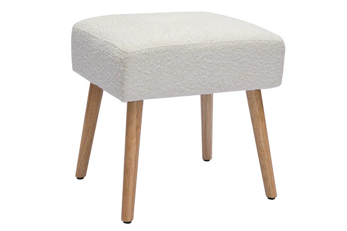 Miliboo Tabouret De Bar-Tabouret bas en tissu effet laine bouclée blanc et bois clair massif H46 cm GUESTA