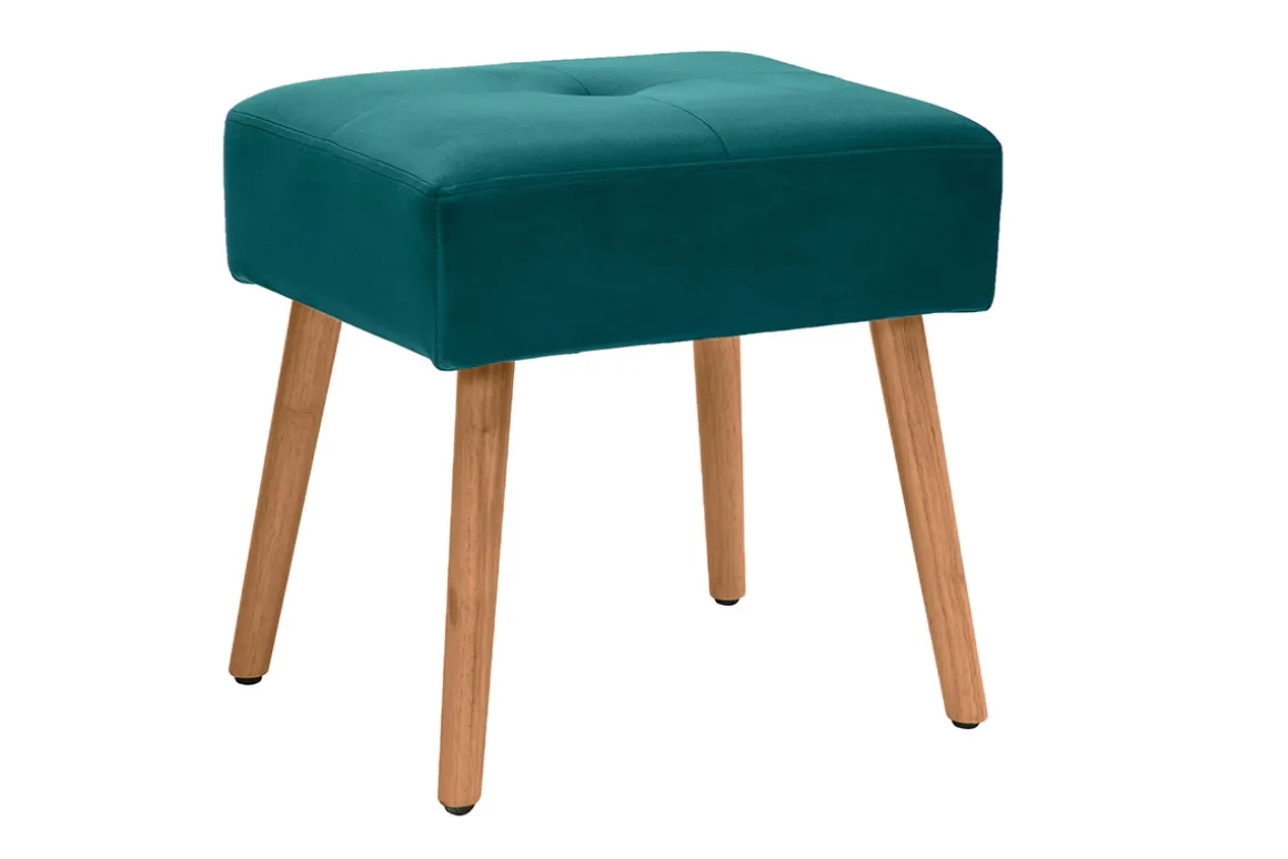 Miliboo Tabouret De Bar-Tabouret bas en tissu velours bleu pétrole et bois clair massif H46 cm GUESTA
