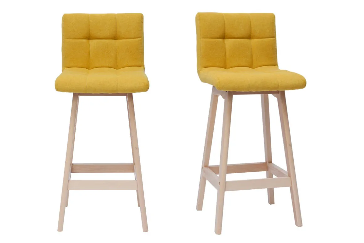 Miliboo Tabouret De Bar-Tabourets de bar en tissu effet velours jaune moutarde et bois clair H65 cm (lot de 2) KLARIS