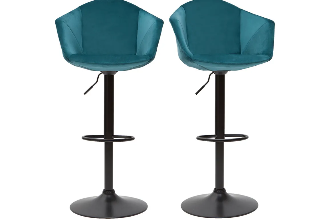 Miliboo Tabouret De Bar-Tabourets de bar réglables pivotants 360° en velours bleu pétrole et métal (lot de 2) TAYA