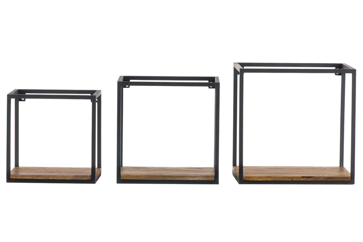 Miliboo Etagère Murale-Étagères murales carrées en métal noir et bois manguier massif (lot de 3) YPSTER
