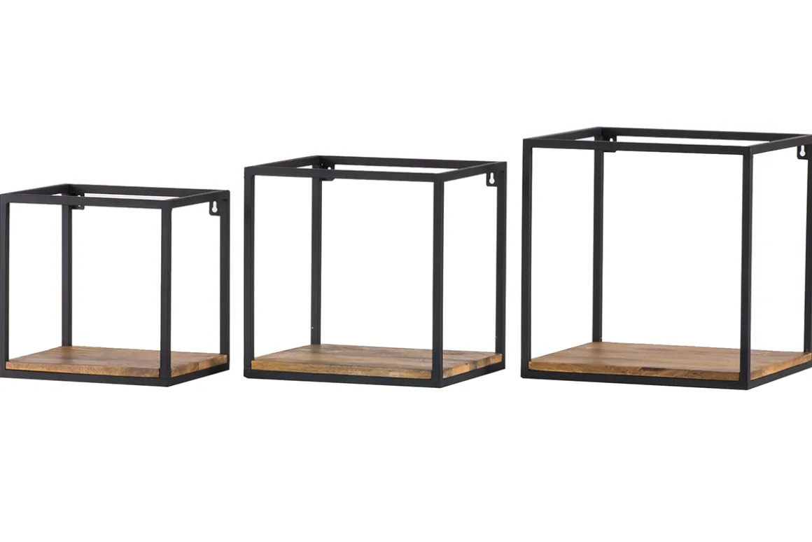 Miliboo Etagère Murale-Étagères murales carrées en métal noir et bois manguier massif (lot de 3) YPSTER