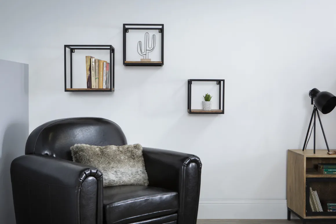 Miliboo Etagère Murale-Étagères murales carrées en métal noir et bois manguier massif (lot de 3) YPSTER